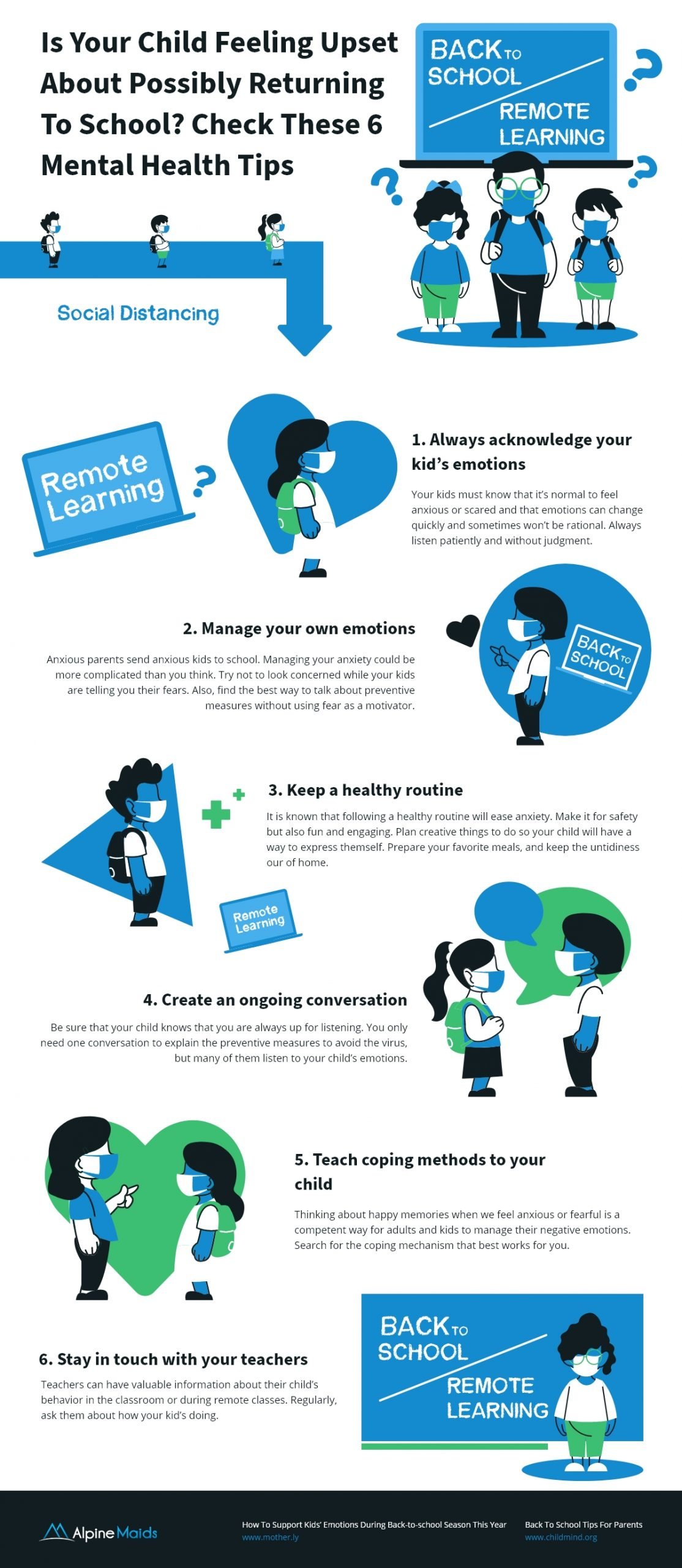 Acknowledge your kid's emotions during this return to school period. Many  children are experiencing anxiety about the virus. Check these mental health  tips.